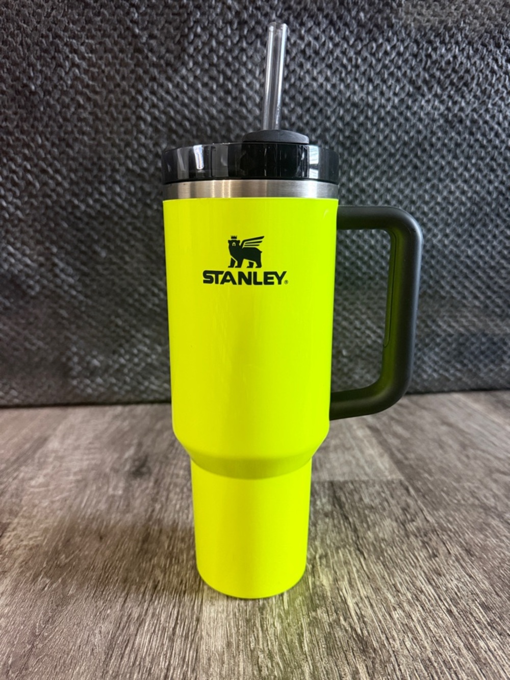 Stanley Neon Yellow Travel Tumbler with Black Handle and Clear Straw